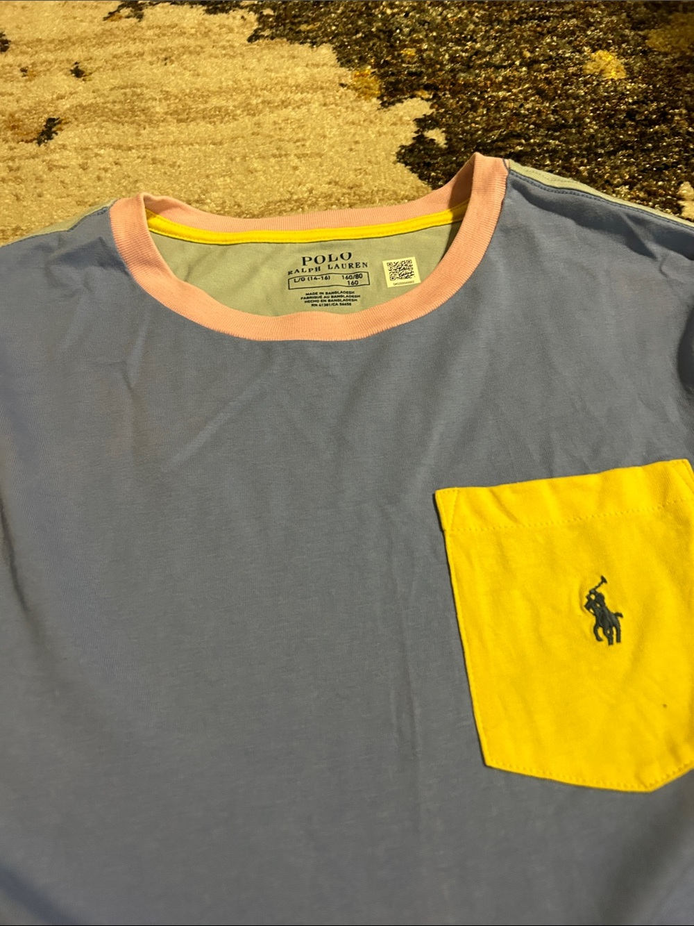 Polo by Ralph Lauren Men’s Blue Crewneck T-Shirt with Yellow Pocket